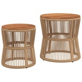 Garden Side Tables 2 pcs with Wooden Top Beige Poly Rattan - Front View
