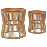 Garden Side Tables 2 pcs with Wooden Top Beige Poly Rattan - Rear View