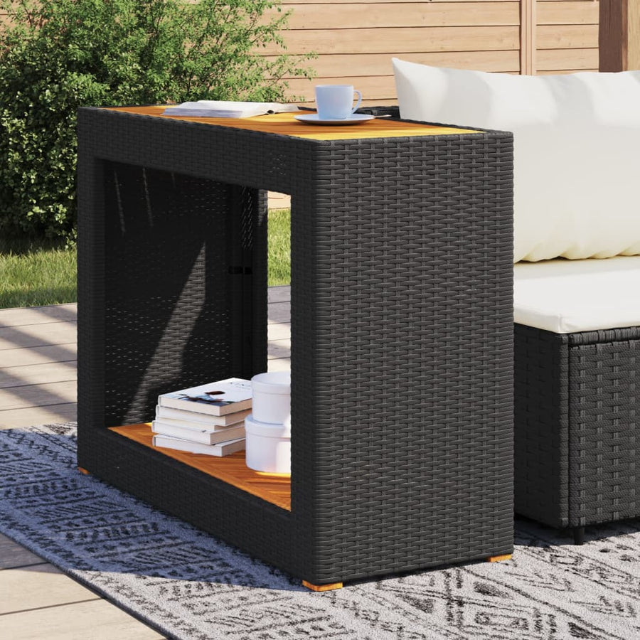 Garden Side Table with Wooden Top Black 100x40x75cm Poly Rattan