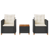 3 Piece Bistro Set with Cushions Black Poly Rattan Acacia Wood