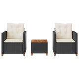 3 Piece Bistro Set with Cushions Black Poly Rattan Acacia Wood - Side View