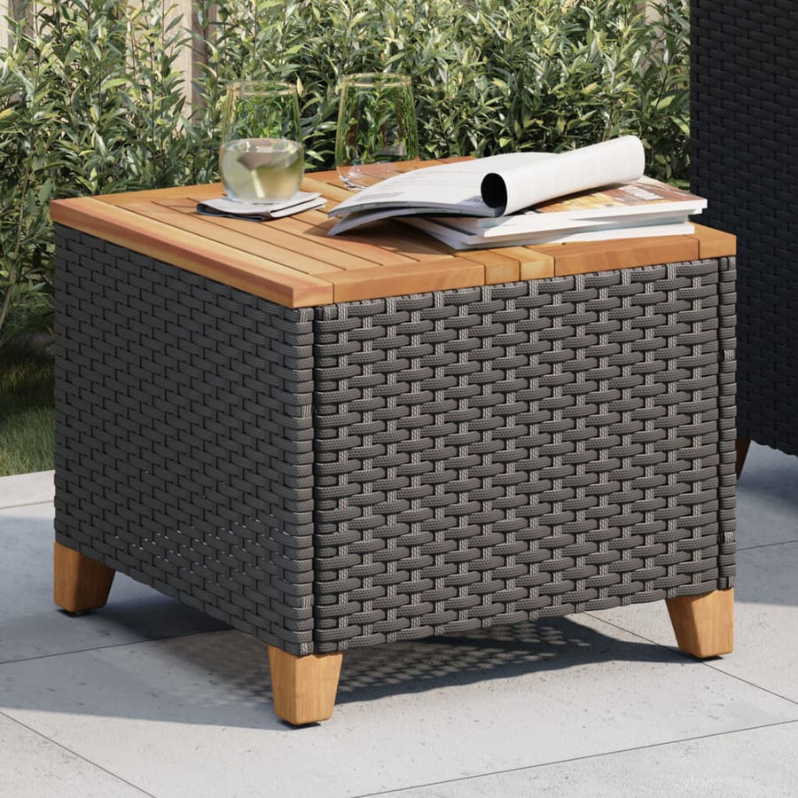 Garden Table Black 45x45x37 cm Poly Rattan Acacia Wood