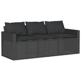 Garden Sofa with Cushions 3-Seater Black Poly Rattan - Front View