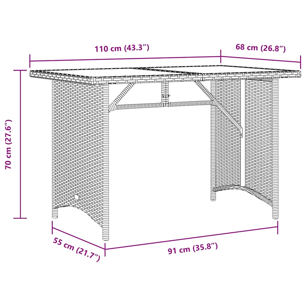 Garden Table with Glass Top Black 110x68x70 cm Poly Rattan