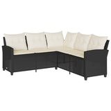 L-shaped Couch Sofa with Cushions Black Poly Rattan - Front View