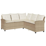 L-shaped Couch Sofa with Cushions Beige Poly Rattan - Front View