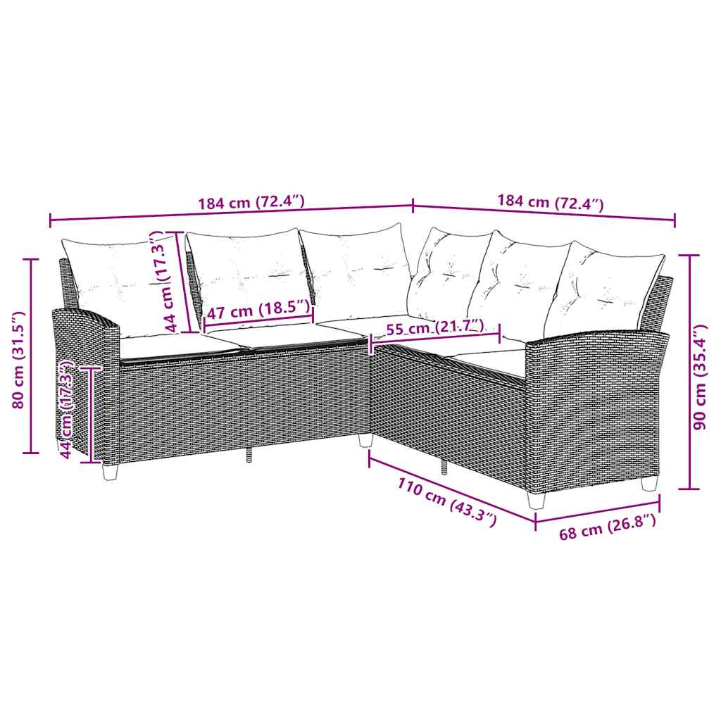 L-shaped Couch Sofa with Cushions Beige Poly Rattan