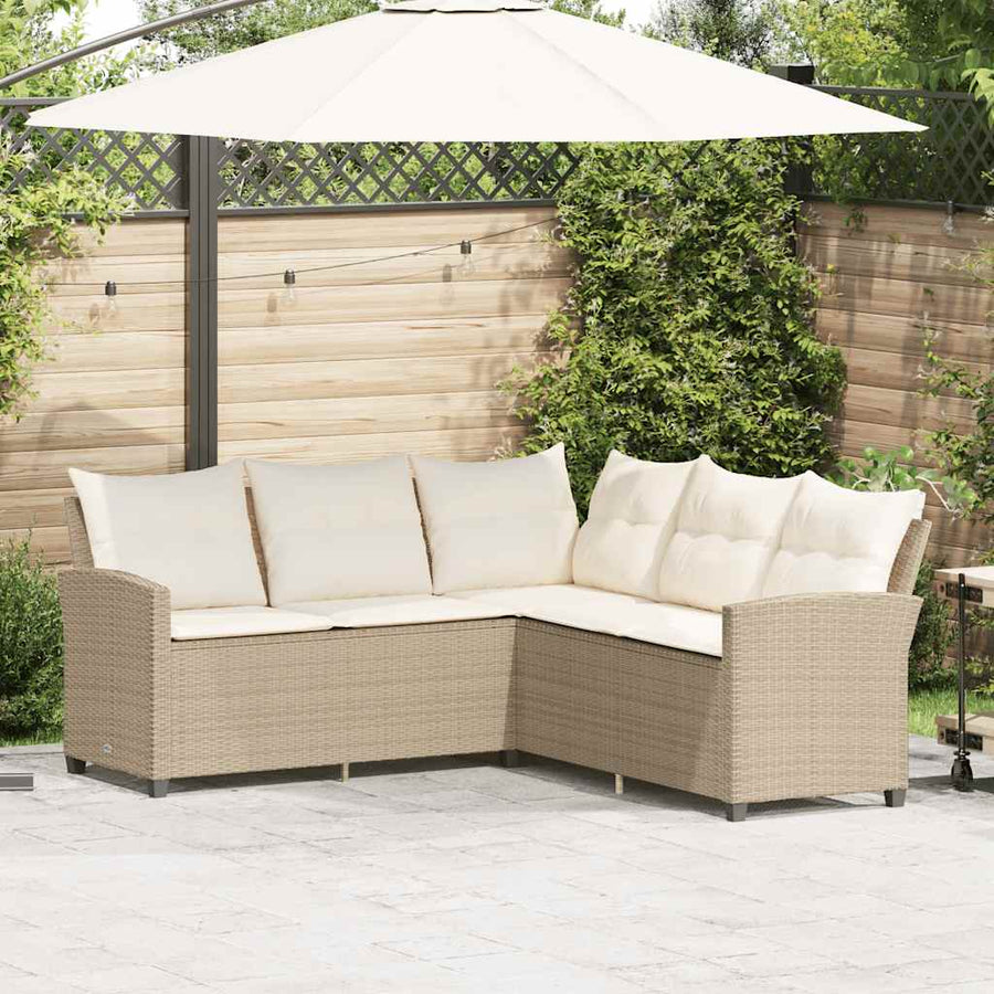 L-shaped Couch Sofa with Cushions Beige Poly Rattan
