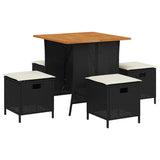 5 Piece Garden Dining Set with Cushions Black Poly Rattan - Front View