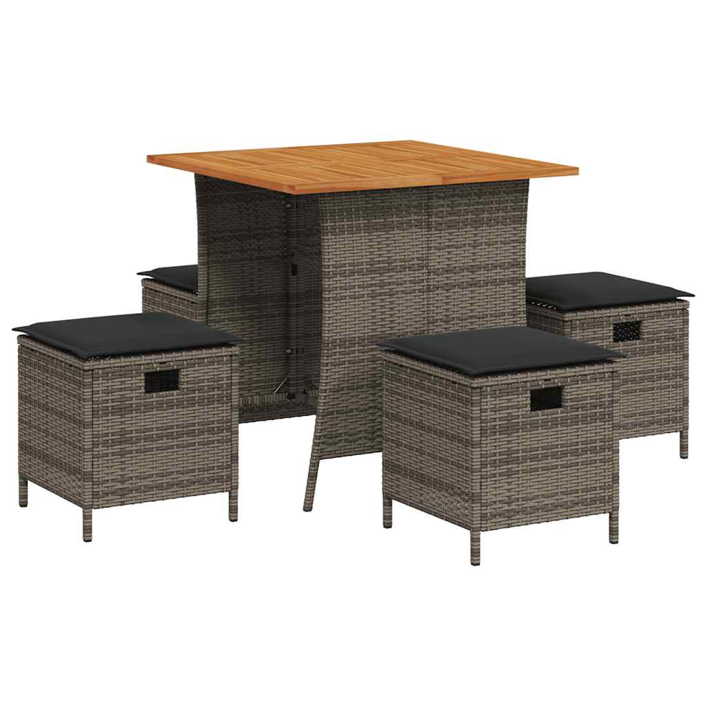 5 Piece Garden Dining Set with Cushions Grey Poly Rattan