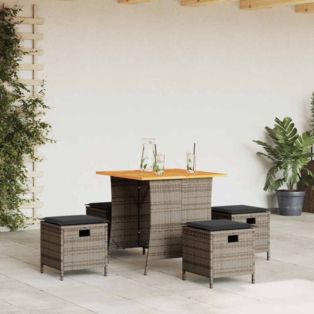 5 Piece Garden Dining Set with Cushions Grey Poly Rattan