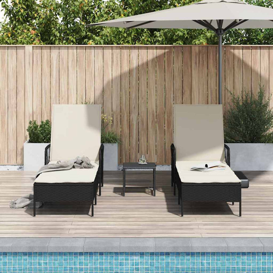 Sun Lounger 3 pcs Poly Rattan Black and Cream White