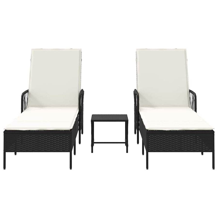 Sun Lounger 3 pcs Poly Rattan Black and Cream White