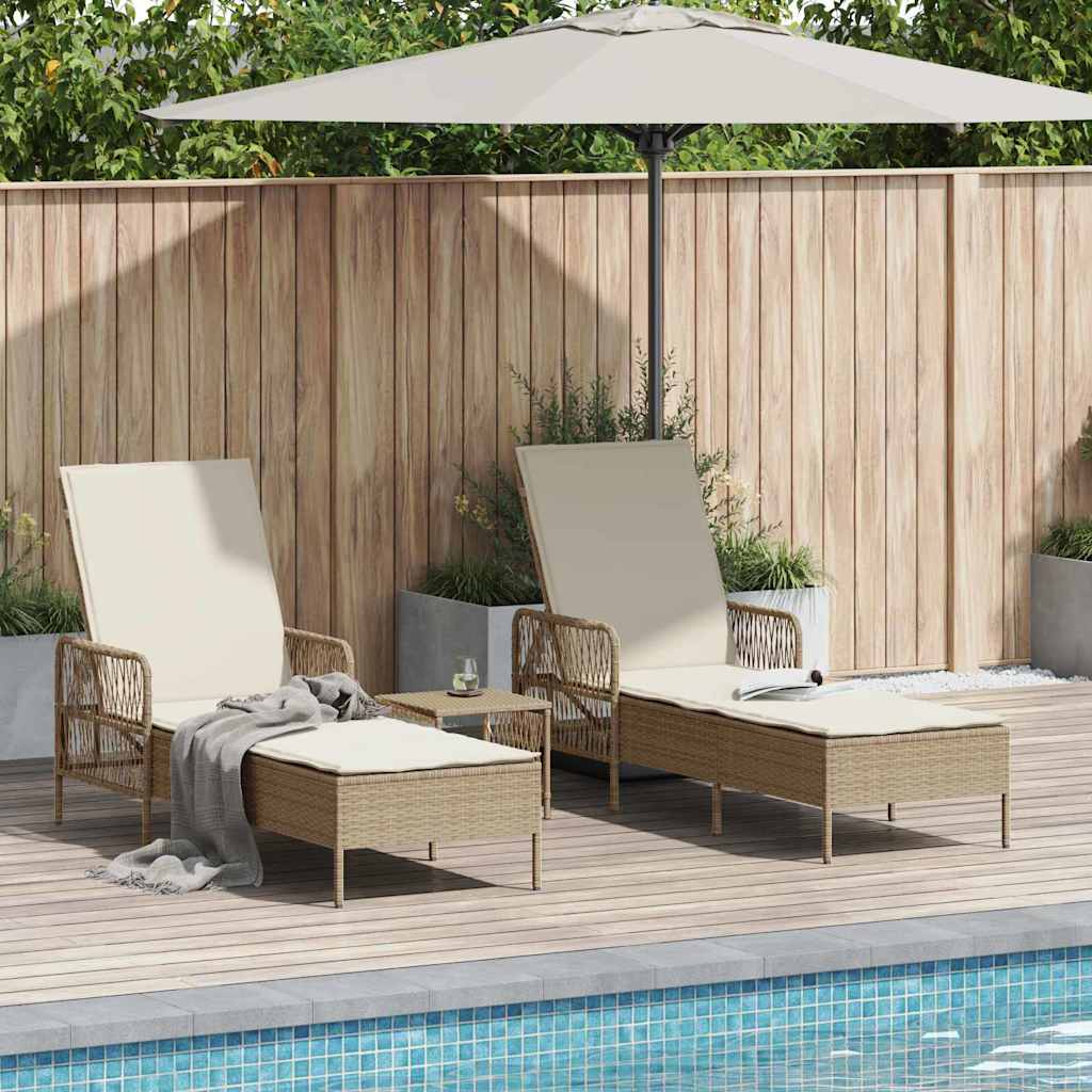 Sun Lounger 3 pcs Poly Rattan Beige and Cream White