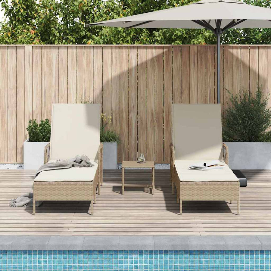 Sun Lounger 3 pcs Poly Rattan Beige and Cream White