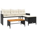 Garden Sofa with Table and Cushions L-Shaped Black Poly Rattan - Front View