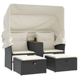 Garden Sofa 2-Seater with Canopy and Stools Black Poly Rattan - Front View