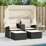 Garden Sofa 2-Seater with Canopy and Stools Black Poly Rattan - Side View