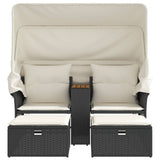 Garden Sofa 2-Seater with Canopy and Stools Black Poly Rattan