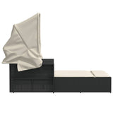 Double Sun Lounger with Canopy and Cushions Black Poly Rattan - 45-Degree Angle