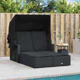 Double Sun Lounger with Canopy and Cushions Black Poly Rattan - Side View