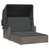 Double Sun Lounger with Canopy and Cushions Grey Poly Rattan - Front View