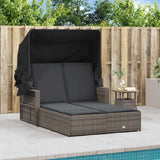 Double Sun Lounger with Canopy and Cushions Grey Poly Rattan - Side View