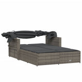 Double Sun Lounger with Canopy and Cushions Grey Poly Rattan - Close-Up Angle