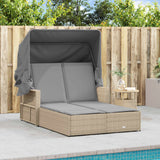 Double Sun Lounger with Canopy and Cushions Mix Beige Poly Rattan - Side View
