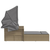 Double Sun Lounger with Canopy and Cushions Mix Beige Poly Rattan - 45-Degree Angle