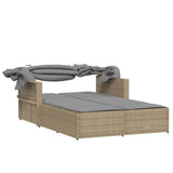 Double Sun Lounger with Canopy and Cushions Mix Beige Poly Rattan - Close-Up Angle
