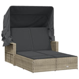 Double Sun Lounger with Canopy and Cushions Light Grey Poly Rattan - Front View