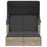 Double Sun Lounger with Canopy and Cushions Light Grey Poly Rattan - Top-Down View
