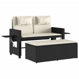 Reclining Garden Bench with Cushions Black Poly Rattan - Front View