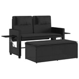 Reclining Garden Bench with Cushions Black Poly Rattan - Front View