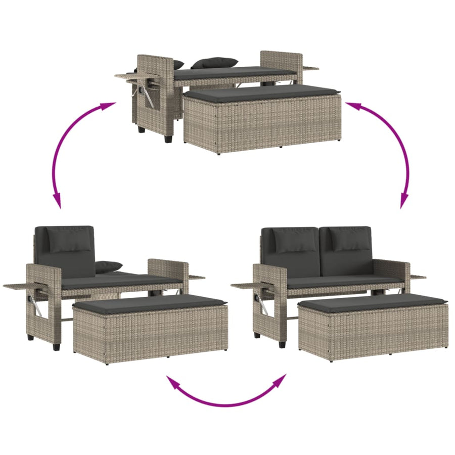 Reclining Garden Bench with Cushions Light Grey Poly Rattan