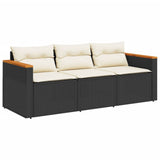 Garden Sofa with Cushions 3-Seater Black Poly Rattan - Front View