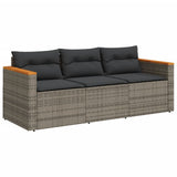 Garden Sofa with Cushions 3-Seater Grey Poly Rattan - Front View