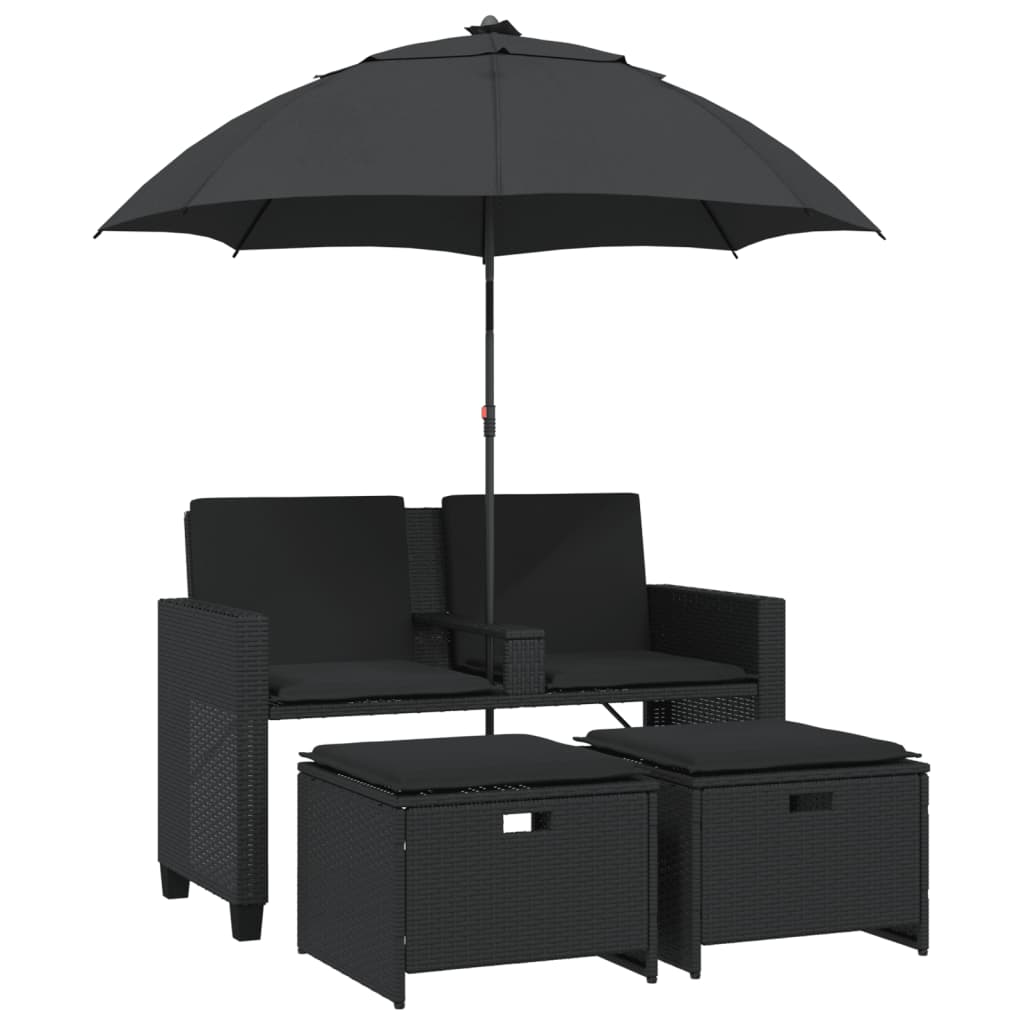 Garden Sofa 2-Seater with Parasol and Stools Black Poly Rattan