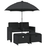 Garden Sofa 2-Seater with Parasol and Stools Black Poly Rattan