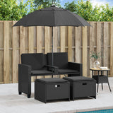 Garden Sofa 2-Seater with Parasol and Stools Black Poly Rattan - Side View
