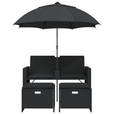 Garden Sofa 2-Seater with Parasol and Stools Black Poly Rattan