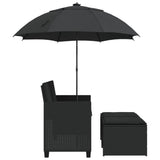 Garden Sofa 2-Seater with Parasol and Stools Black Poly Rattan - 45-Degree Angle