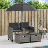 Garden Sofa 2-Seater with Parasol and Stools Grey Poly Rattan - Side View