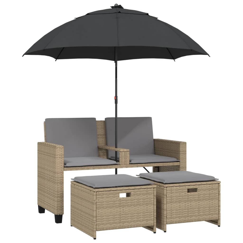 Garden Sofa 2-Seater with Parasol and Stools Beige Poly Rattan