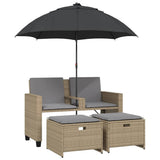 Garden Sofa 2-Seater with Parasol and Stools Beige Poly Rattan
