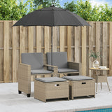 Garden Sofa 2-Seater with Parasol and Stools Beige Poly Rattan - Side View