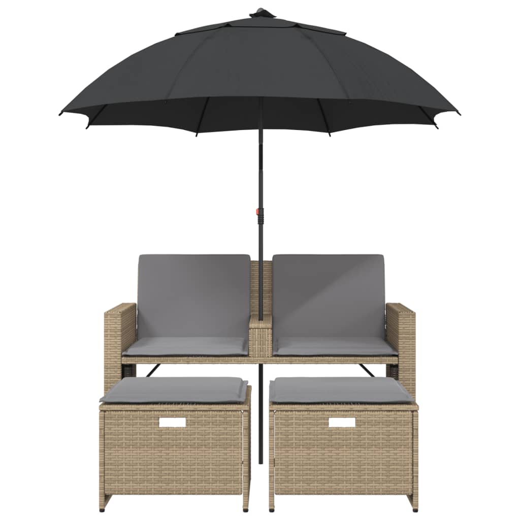 Garden Sofa 2-Seater with Parasol and Stools Beige Poly Rattan