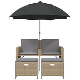 Garden Sofa 2-Seater with Parasol and Stools Beige Poly Rattan