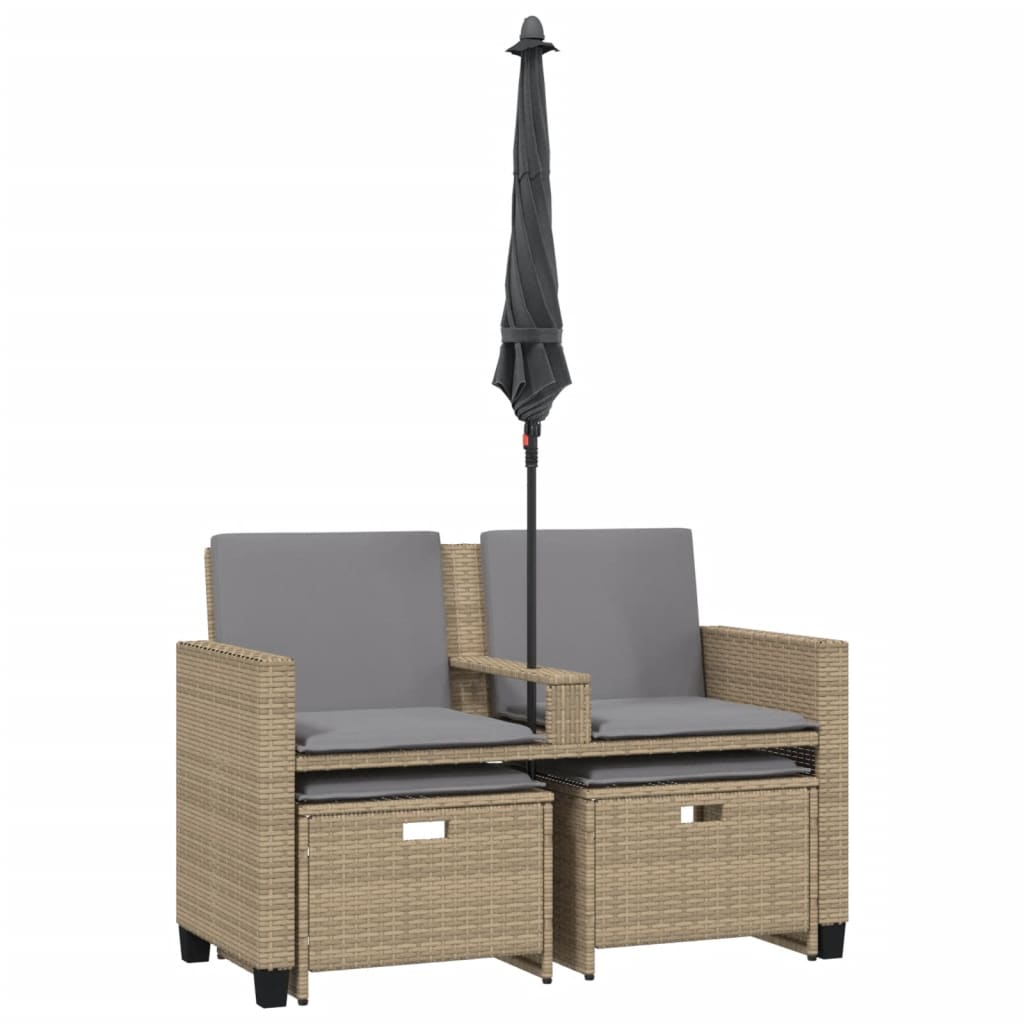 Garden Sofa 2-Seater with Parasol and Stools Beige Poly Rattan